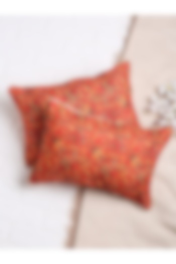 Vibrant Orange Printed Cushion Cover (Set of 2) by Saka Designs - Home