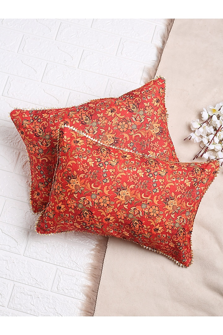 Vibrant Orange Printed Cushion Cover (Set of 2) by Saka Designs - Home