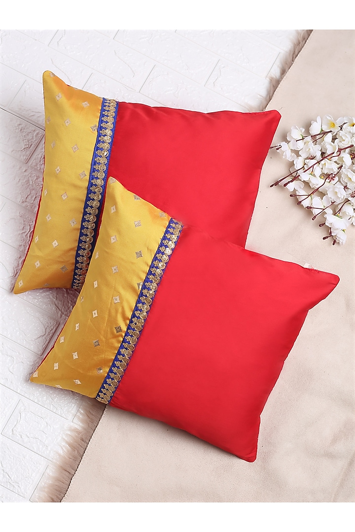 Red & Mustard Jacquard Cushion Covers (Set of 2) by Saka Designs - Home