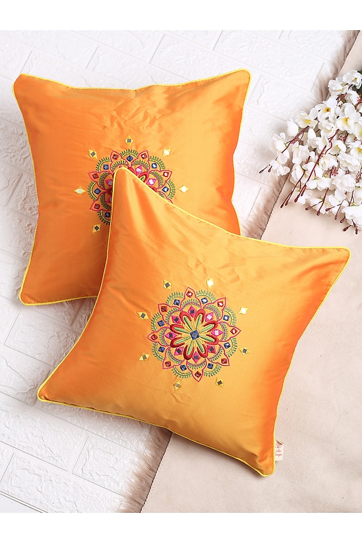 Orange Mirror Work Embroidered Cushion Cover (Set of 2) by Saka Designs - Home