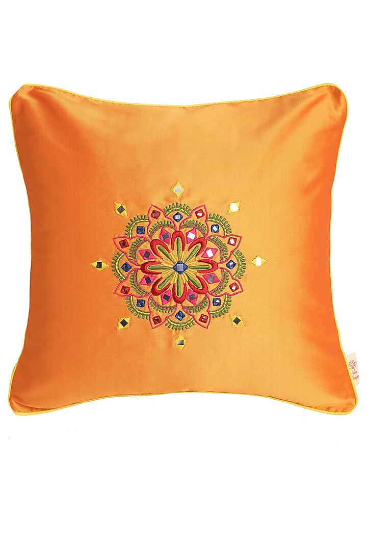 Orange Mirror Work Embroidered Cushion Cover (Set of 2) by Saka Designs - Home at Pernia's Pop Up Shop