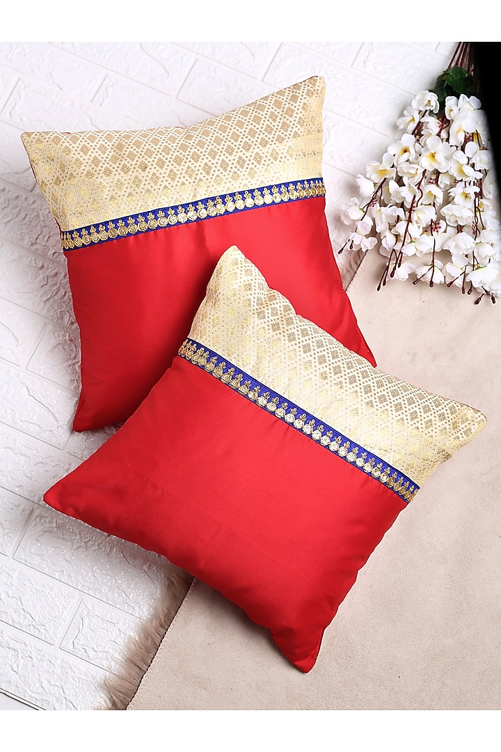 Red & Ivory Jacquard Cushion Covers (Set of 2) by Saka Designs - Home