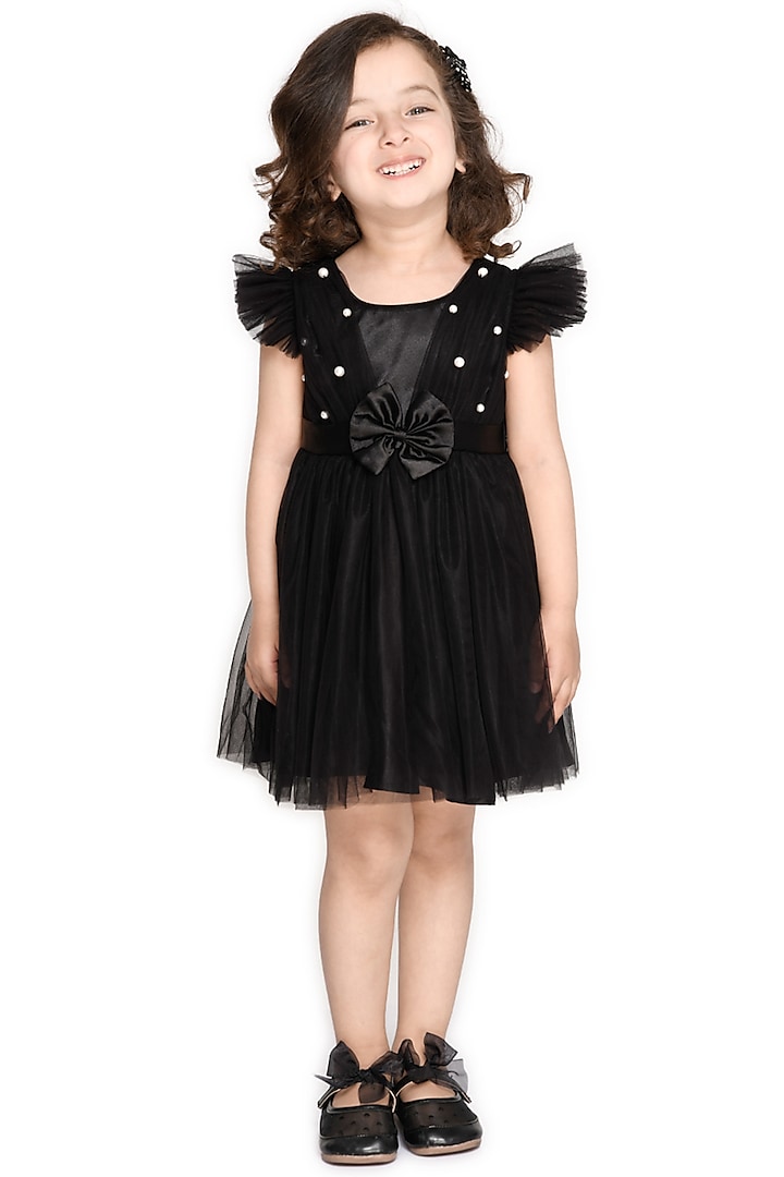 Black Polyester Embellished Dress For Girls by Saka Designs