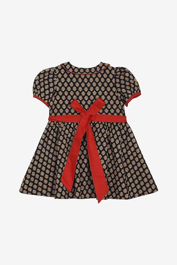 Black & Red Cotton Printed Dress For Girls by Saka Designs
