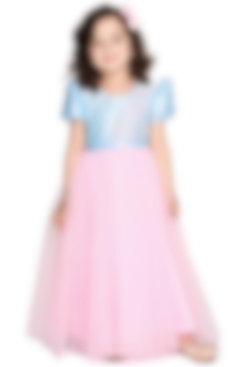Pink & Blue Silk Embellished Maxi Dress For Girls by Saka Designs