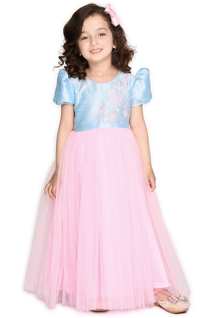 Pink & Blue Silk Embellished Maxi Dress For Girls by Saka Designs
