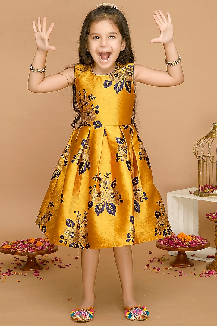 Mustard & Blue Jacquard Dress For Girls by Saka Designs
