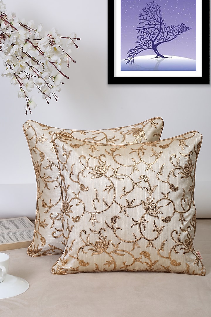 Cream Polyester Zari Embroidered Cushion Covers (Set of 2) by Saka Designs - Home at Pernia's Pop Up Shop