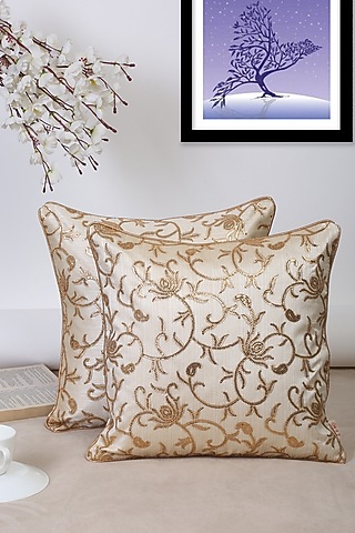Cream Polyester Zari Embroidered Cushion Covers (Set of 2) by Saka Designs - Home