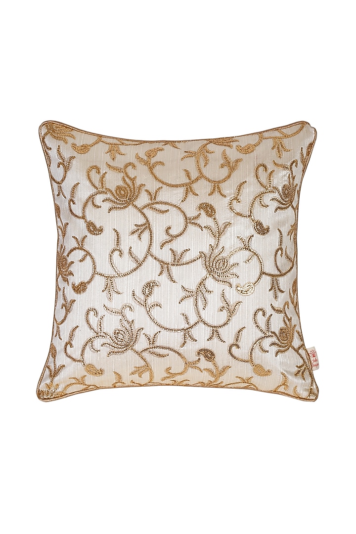 Cream Polyester Zari Embroidered Cushion Covers (Set of 2) by Saka Designs - Home at Pernia's Pop Up Shop