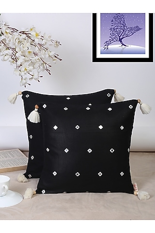 Black Ethnic Motif Cotton Cushion Covers (Set of 2) by Saka Designs - Home