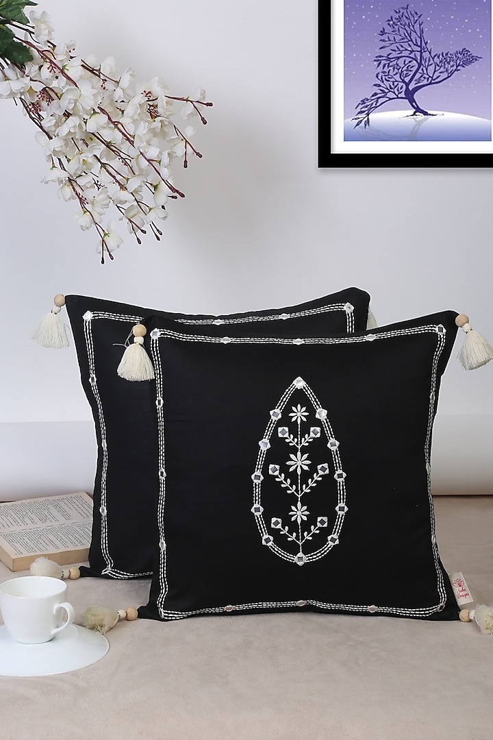 Black Ethnic Motif Cotton Cushion Covers (Set of 2) by Saka Designs - Home