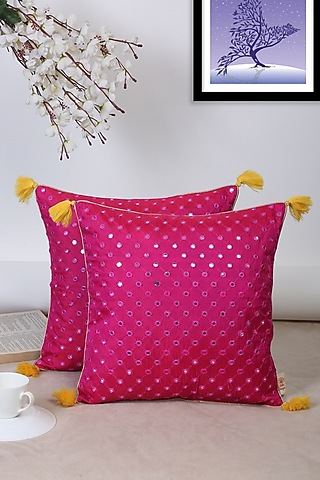Magenta Polyester Cushion Cover With Mirror Work (Set of 2) by Saka Designs - Home
