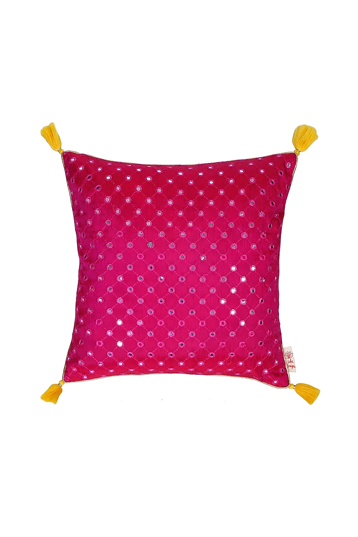 Magenta Polyester Cushion Cover With Mirror Work (Set of 2) by Saka Designs - Home at Pernia's Pop Up Shop