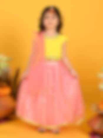 Pink Silk Blend Embroidered Lehenga Set For Girls by Saka Designs at Pernia's Pop Up Shop