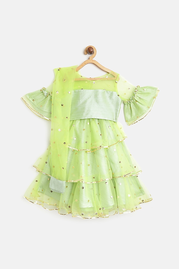 Pastel Green Net Ruffled Lehenga Set For Girls by Saka Designs
