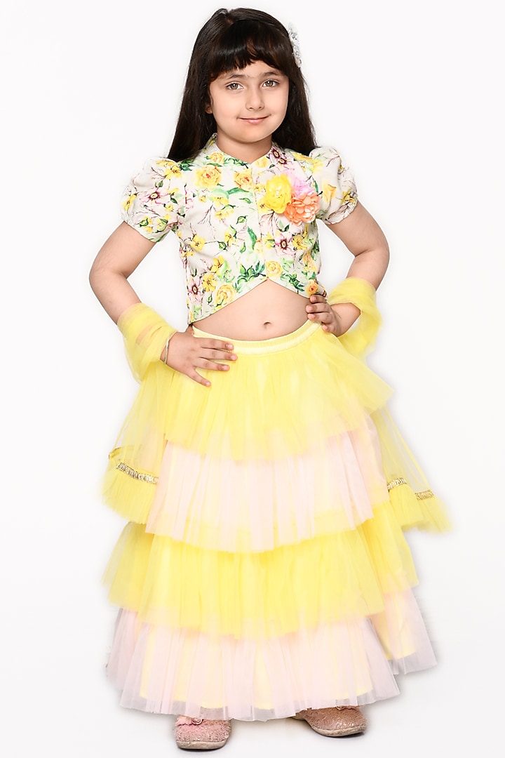 Yellow & Pink Silk Blend Ruffled Lehenga Set For Girls by Saka Designs