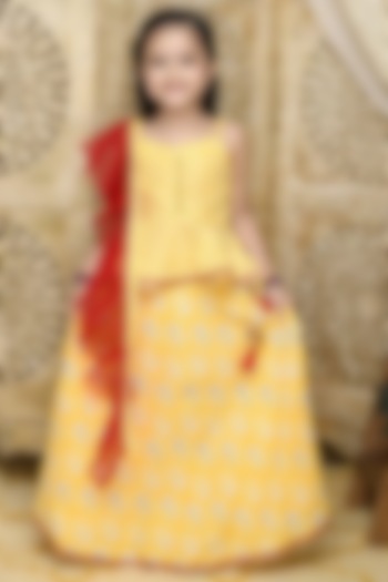 Yellow Cotton Printed Lehenga Set For Girls by Saka Designs