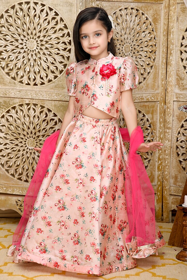 Pink Organza Printed Lehenga Set For Girls by Saka Designs at Pernia's Pop Up Shop