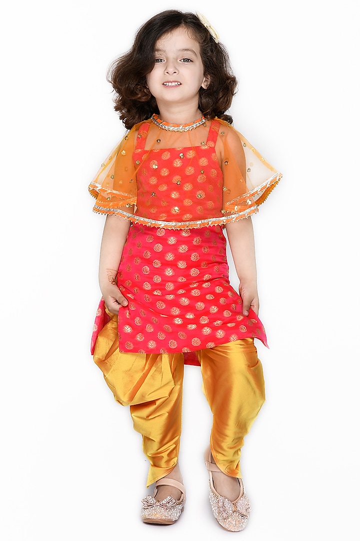 Red Poly Chanderi Kurta Set For Girls by Saka Designs