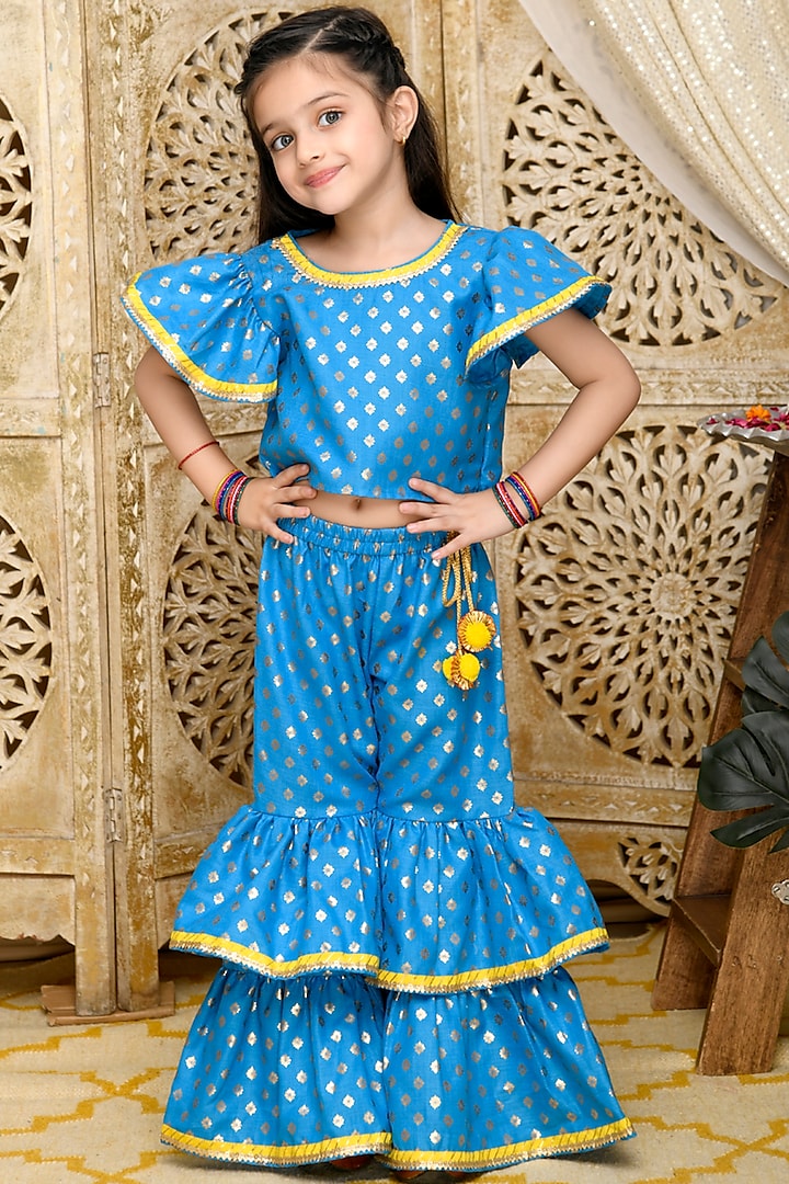 Blue Cotton Blend Printed Sharara Set For Girls by Saka Designs
