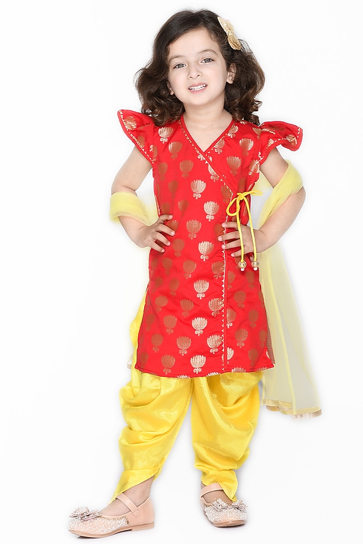 Yellow Art Silk Dhoti Set For Girls by Saka Designs at Pernia's Pop Up Shop