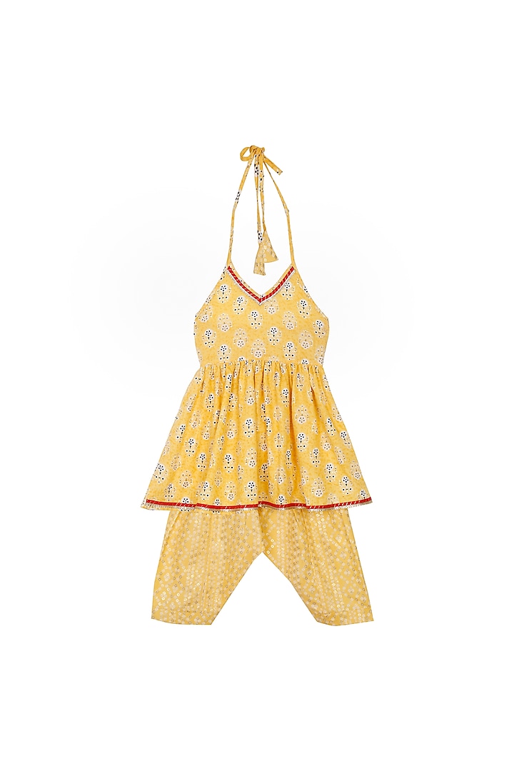 Yellow Cotton Blend Bandhani Printed Kurta Set For Girls by Saka Designs