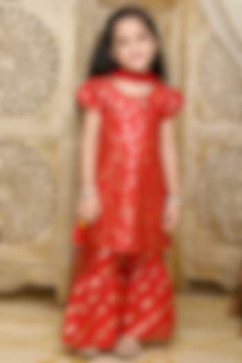 Red Cotton Blend Printed Sharara Set For Girls by Saka Designs