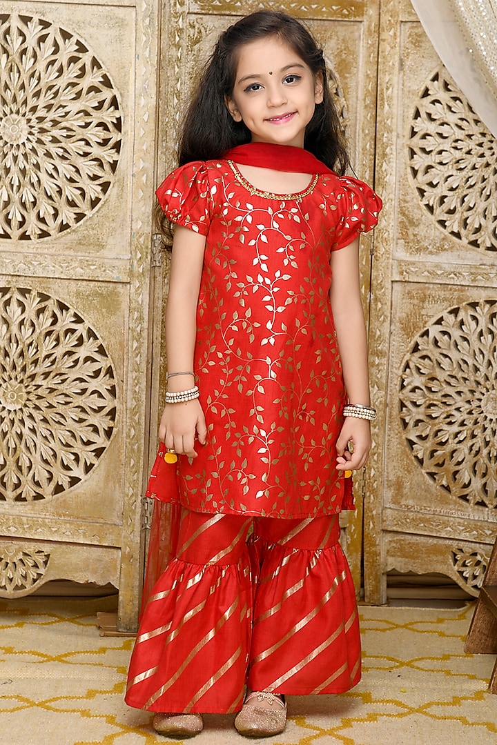 Red Cotton Blend Printed Sharara Set For Girls by Saka Designs