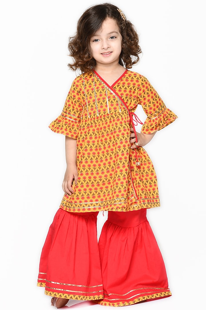 Red Pure Cotton Sharara Set For Girls by Saka Designs