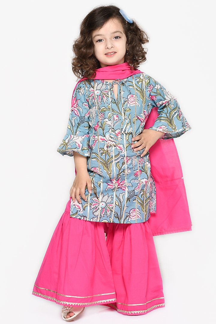 Pink Pure Cotton Sharara Set For Girls by Saka Designs at Pernia's Pop Up Shop