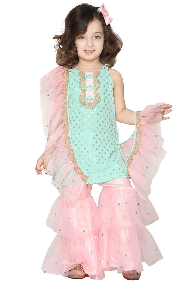 Baby Pink Silk Blend Printed Sharara Set For Girls by Saka Designs