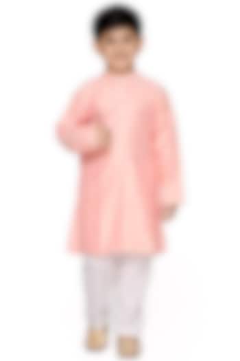 Pink Art Silk Embroidered Kurta Set For Boys by Saka Designs at Pernia's Pop Up Shop