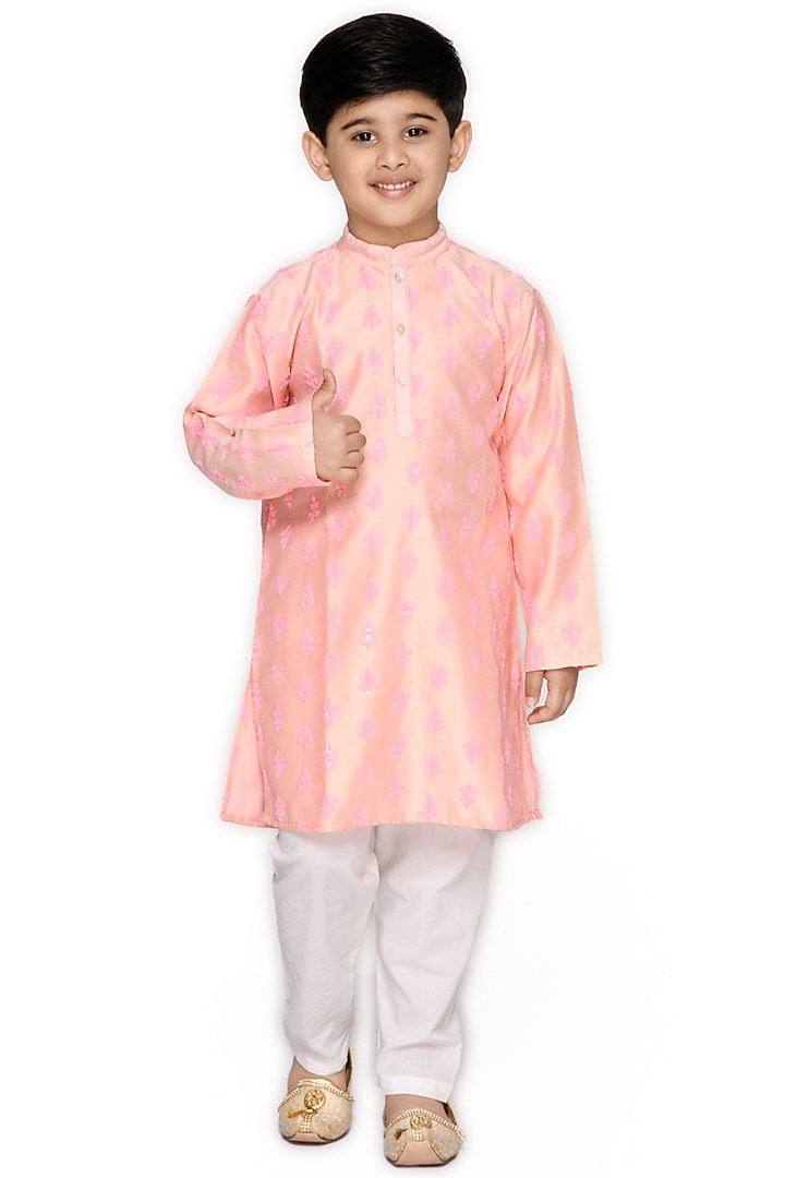 Pink Art Silk Embroidered Kurta Set For Boys by Saka Designs at Pernia's Pop Up Shop