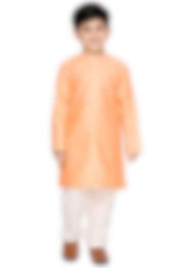 Orange Art Silk Embroidered Kurta Set For Boys by Saka Designs at Pernia's Pop Up Shop