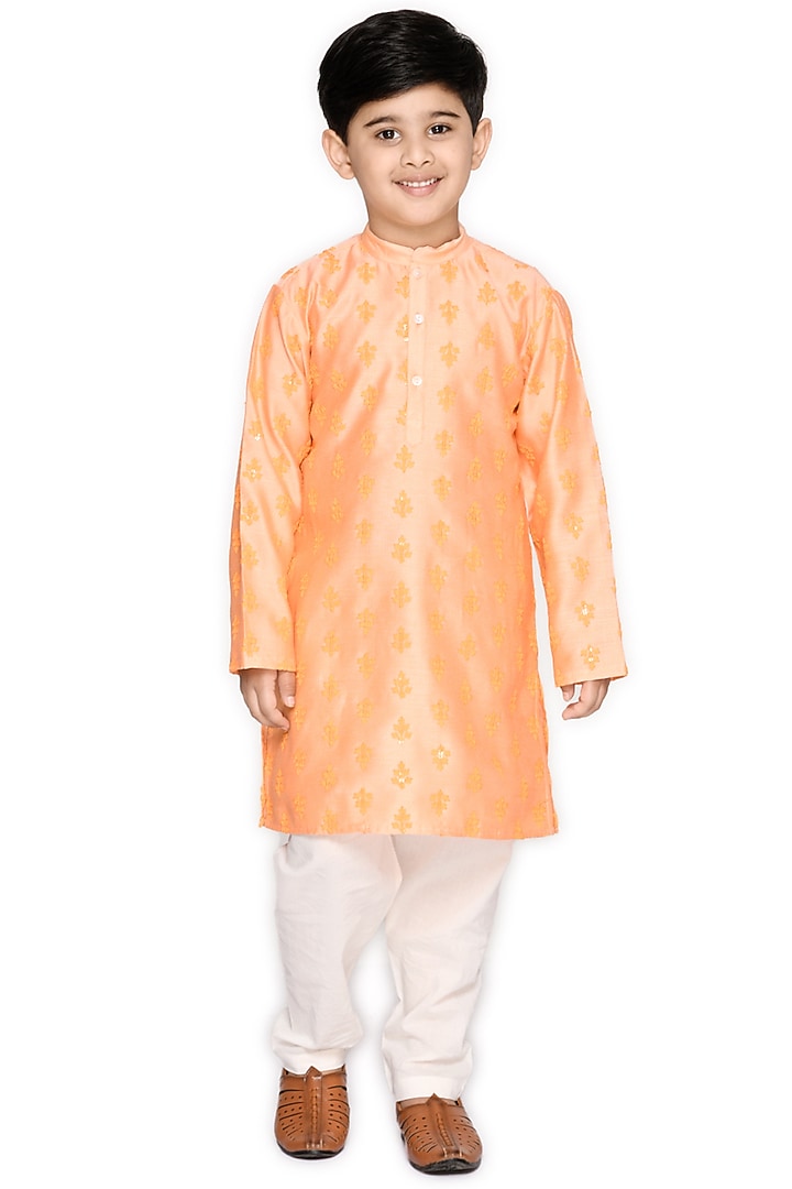 Orange Art Silk Embroidered Kurta Set For Boys by Saka Designs at Pernia's Pop Up Shop