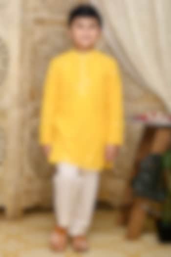 Yellow Poly Georgette Embroidered Kurta Set For Boys by Saka Designs