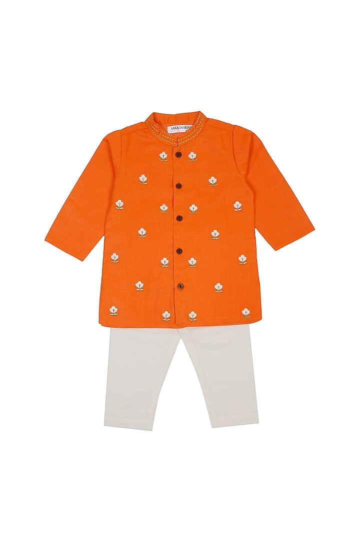 Orange Cotton Embroidered Kurta Set For Boys by Saka Designs at Pernia's Pop Up Shop