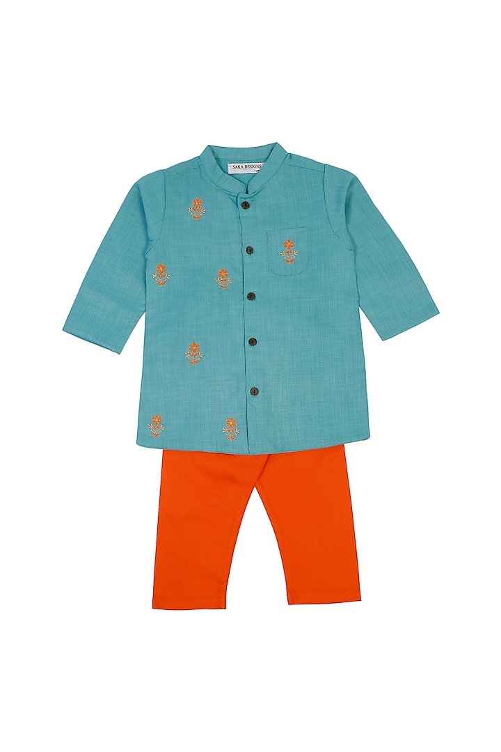 Turquoise Cotton Embroidered Kurta Set For Boys by Saka Designs