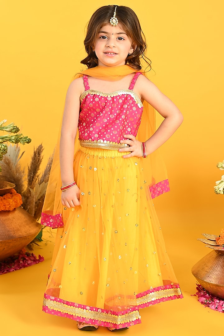 Yellow Net Sequins Work Lehenga Set For Girls by Saka Designs at Pernia's Pop Up Shop