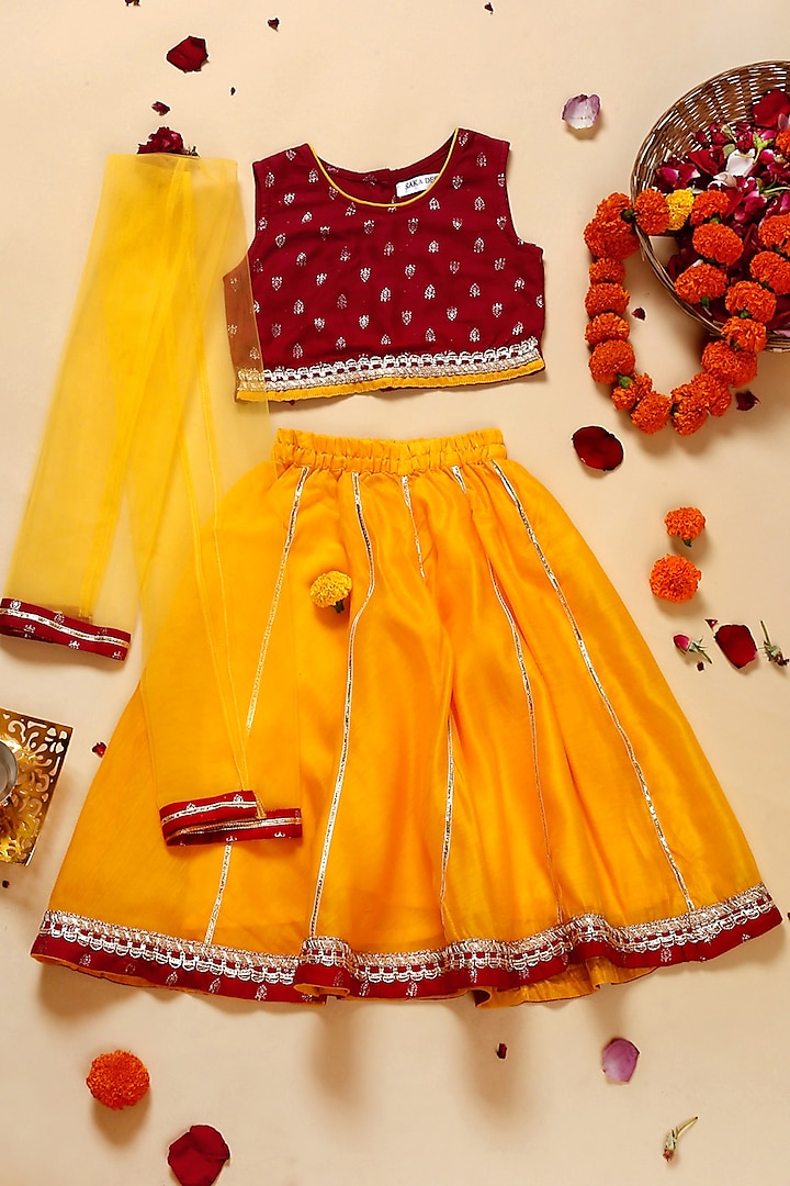 Mustard Poly Chanderi Floral Printed Lehenga Set For Girls by Saka Designs at Pernia's Pop Up Shop