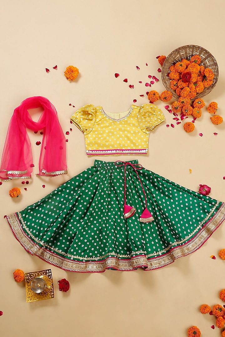 Green Satin Floral Printed Lehenga Set For Girls by Saka Designs at Pernia's Pop Up Shop