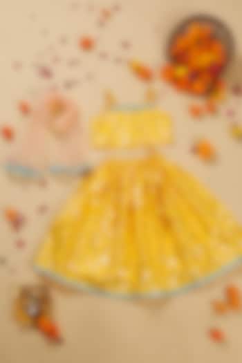Yellow Poly Cotton Foil Printed Lehenga Set For Girls by Saka Designs at Pernia's Pop Up Shop