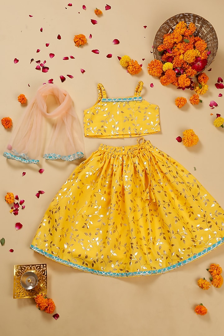 Yellow Poly Cotton Foil Printed Lehenga Set For Girls by Saka Designs at Pernia's Pop Up Shop