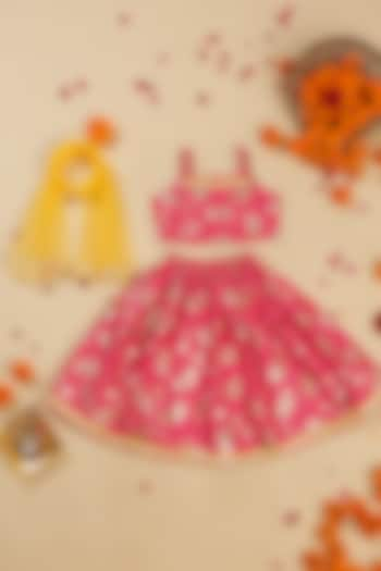 Peach Poly Cotton Foil Printed Lehenga Set For Girls by Saka Designs at Pernia's Pop Up Shop