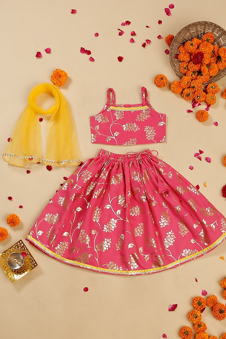 Peach Poly Cotton Foil Printed Lehenga Set For Girls by Saka Designs at Pernia's Pop Up Shop