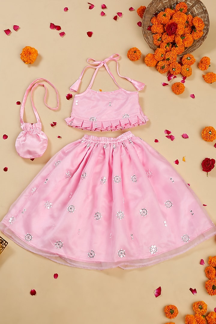 Pink Organza Embroidered Lehenga Set For Girls by Saka Designs at Pernia's Pop Up Shop