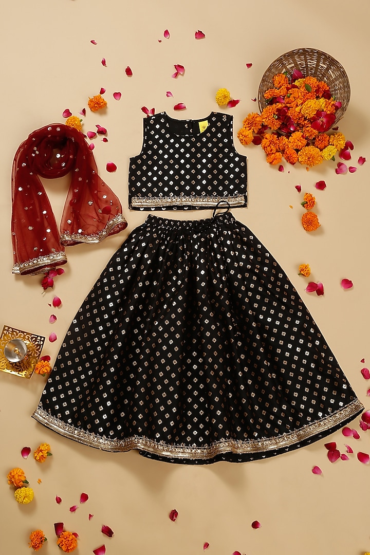 Black Poly Cotton Foil Printed Lehenga Set For Girls by Saka Designs at Pernia's Pop Up Shop