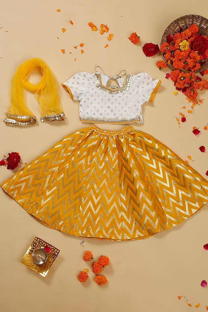 Mustard Jacquard Foil Printed Lehenga Set For Girls by Saka Designs at Pernia's Pop Up Shop