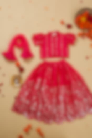 Magenta Net Mirror Embroidered Lehenga Set For Girls by Saka Designs at Pernia's Pop Up Shop